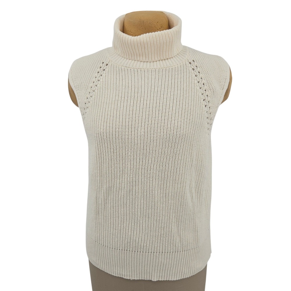 GAP Sweater Vest Womens Large Ivory Cotton Knit Turtleneck Ribbed Sleeveless